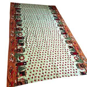 Unique Vintage Christmas tablecloth long light green colonial home brown border
